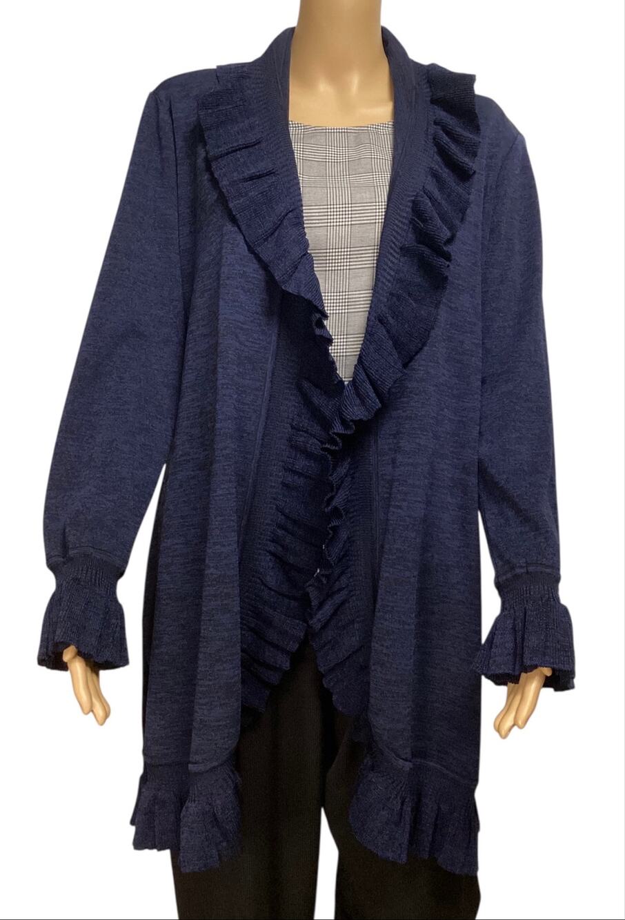 Exclusively Misook Blue Ruffle Open Front Duster Cardigan Sweater Size S